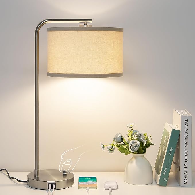 Table Lamp for Living Room, Modern Bedside Lamp with USB C+A Ports, Fully Dimmable Nightstand Lamp with Beige Drum Shade, Silver Finish Side Table Lamp for Bedroom Office, 3000K LED Bulb Included