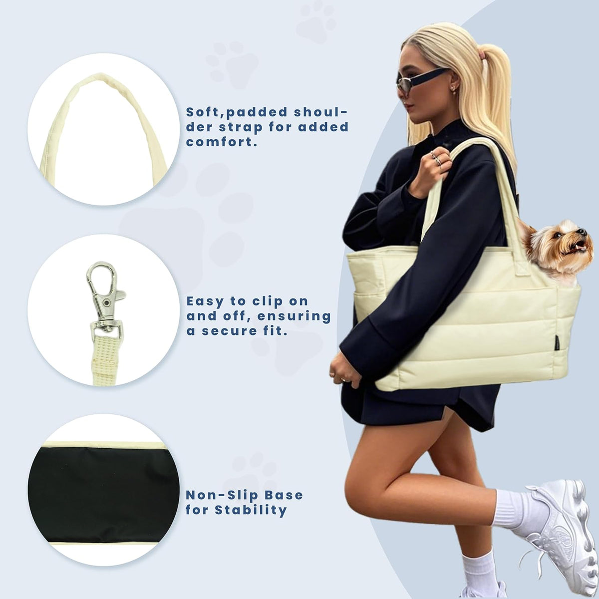 Lightweight Dog Purse Carrier for Small Dogs Under 15 lbs, Puffy Quilted Pet Carrier Tote for Puppies with Safety Leash Clip, Women's Hands-Free Dog Carrier Bag for Travel/Shopping (Beige)