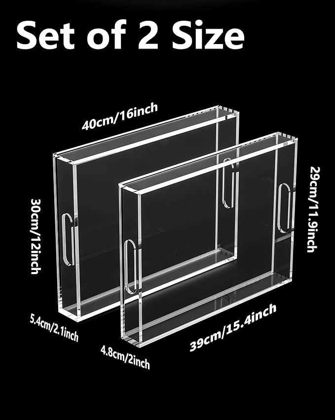 Acrylic Serving Tray Set of 2-16x12 & 15.4x11.9 Inch Clear Luxury Trays for Kitchen, Dining, Bathroom Organizer - Non-Slip, Scratch-Resistant, Spill-Proof Design - Ideal Gift for Housewarming, Parties