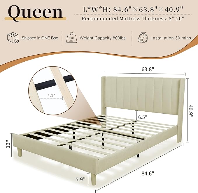 Queen Size Upholstered Platform Bed Frame with Modern Wingback & Vertical Panel Headboard, Linen Fabric, Wooden Legs & Slats Support, No Box Spring Needed, Noise-Free & Easy Assembly, Beige