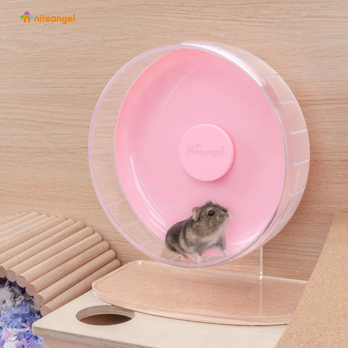 Niteangel Super-Silent Hamster Exercise Wheels: - Quiet Spinner Hamster Running Wheels with Adjustable Stand for Hamsters Gerbils Mice Or Other Small Animals (S, Pink)