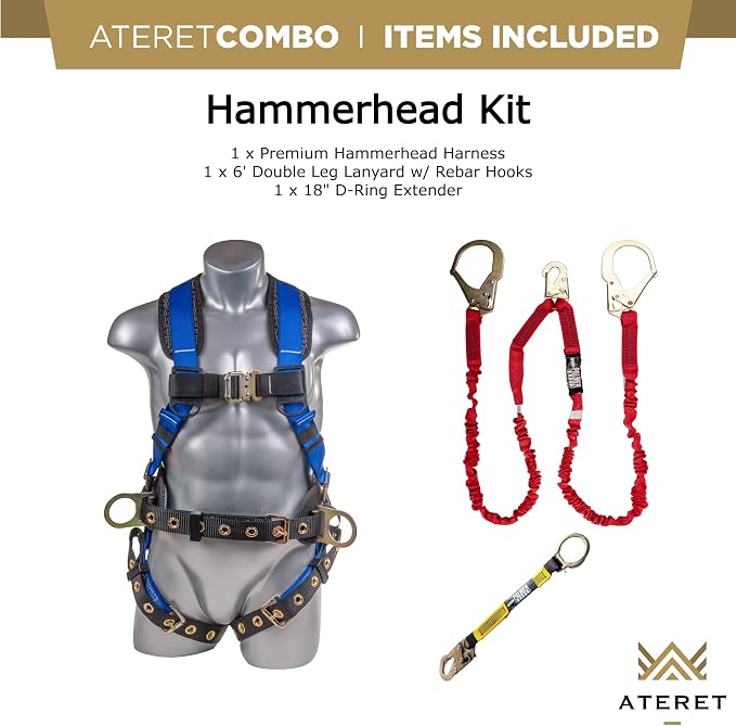 Fall Protection Hammerhead Kit I 5pt Safety Harness, 6' Double Leg Lanyard, 18" D-Ring Extender (Blue - SM)