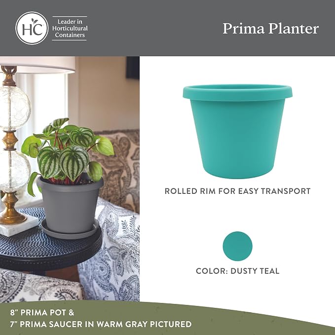 The HC Companies 12 Inch Prima Round Planter Pots with Drainage Holes and Rolled Rim, Lightweight UV-Resistant Plastic Indoor & Outdoor Planters, 2-Pack Flower Pots for Garden & Home Decor, Dusty Teal