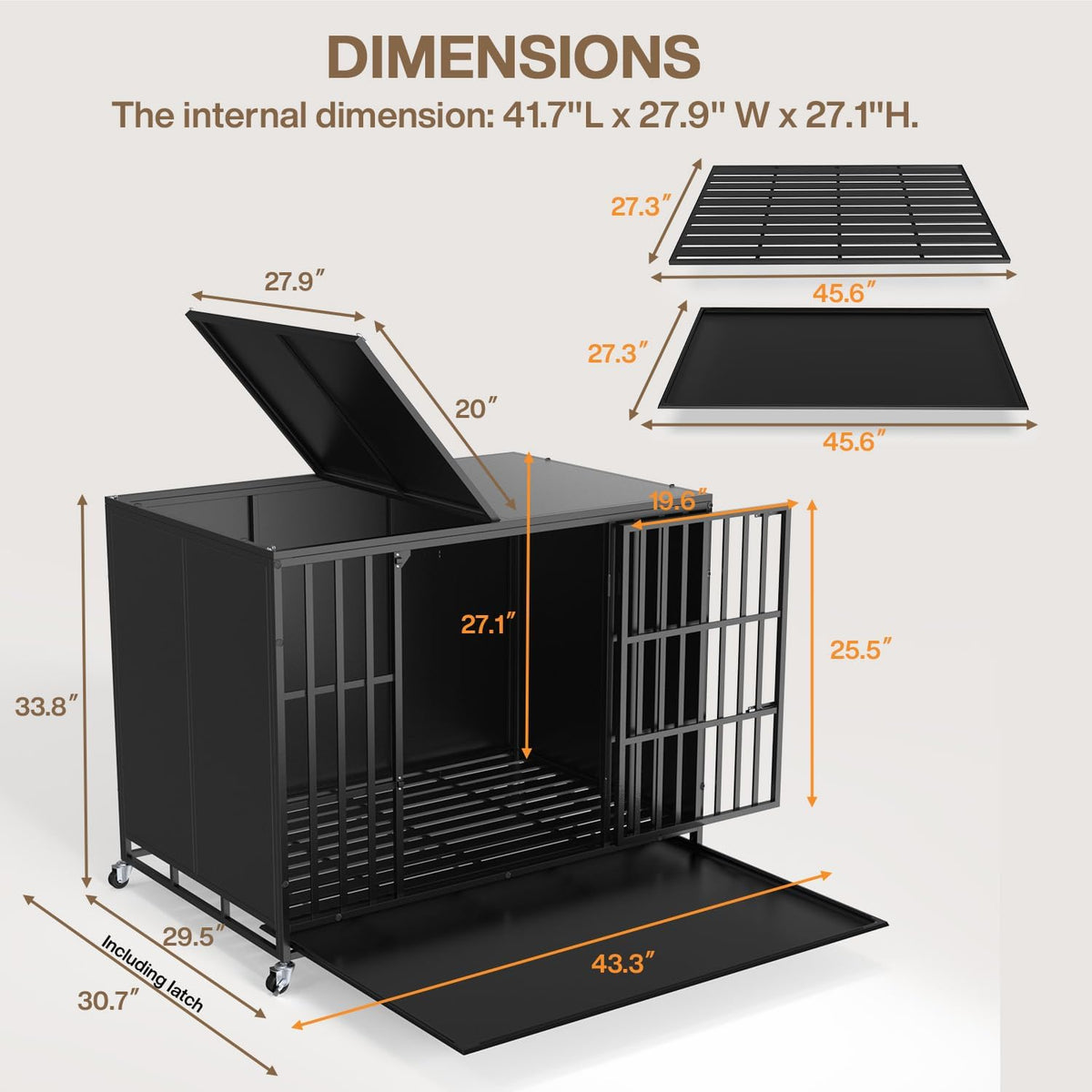 LEMBERI 48/42 inch Heavy Duty Indestructible Dog Crate, High Anxiety Extra Large Dog Cage for Large Dogs, XL Steel Escape Proof Dog Kennel with Wheels and Removable Tray