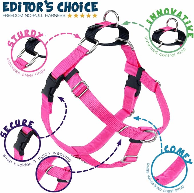 2 Hounds Design Freedom No Pull Dog Harness, Adjustable Harness and Leash Set, Easy Walking & Comfortable Control, Fits Small, Medium & Large Dogs, Solid Colors, Made in USA, 1" XL, Hot Pink