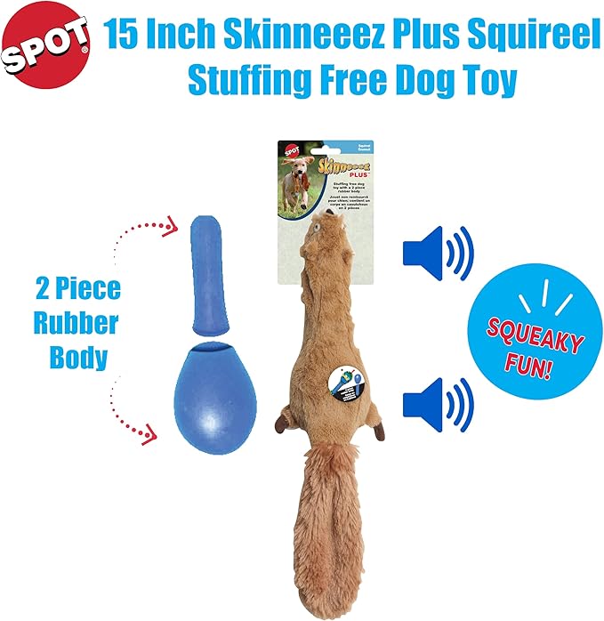 SPOT Skinneeez Plus Squirrel - Stuffing Free Dog Toy with Two Piece Rubber Body and Two Squeakers, Fun to Bite, Stuffingless Design is Great for Moderate Chewers, Tug Toy for Puppies & Dogs - 15in