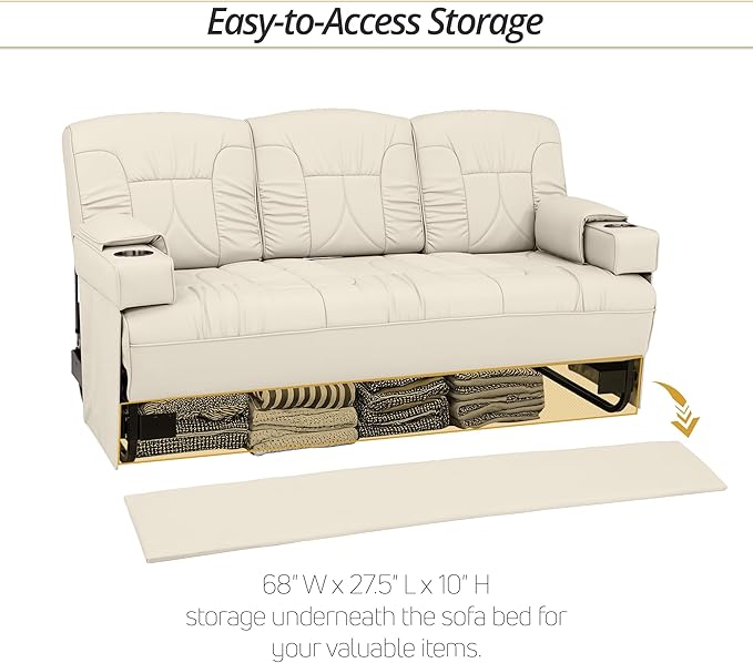 Qualitex De Leon Console SL RV Sofa Bed, 74" Wide, Ulitmate Leather, Bisque
