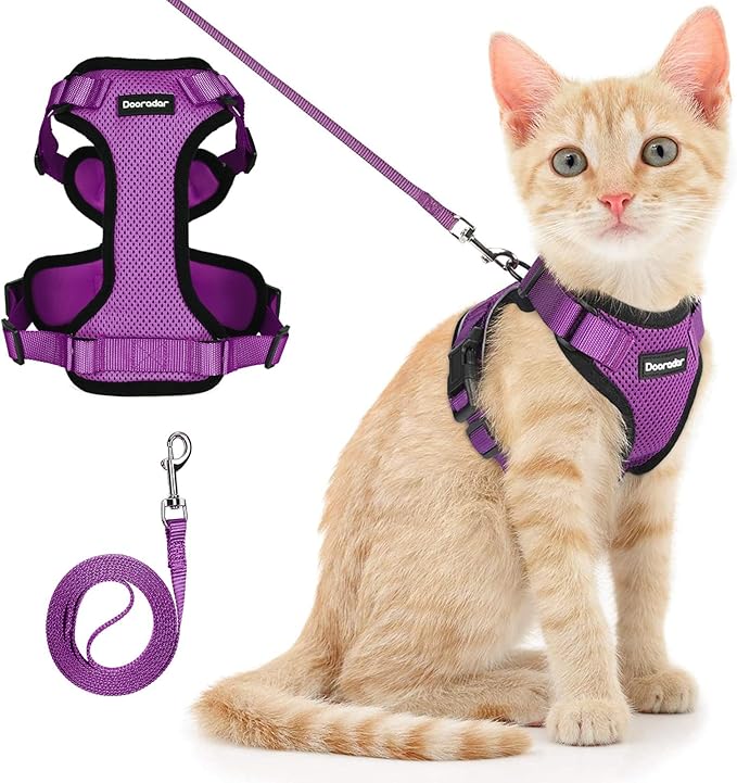 Dooradar Cat Harness and Leash Set, Escape Proof Safe Adjustable Kitten Vest Harnesses for Walking, Easy Control Soft Breathable Mesh Jacket with Reflective Strips for Cats, Purple, S