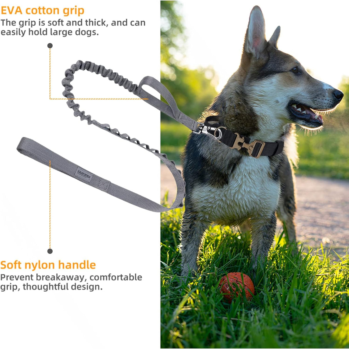 EXCELLENT ELITE SPANKER Tactical Bungee Dog Leash Military Adjustable Dog Leash Quick Release Elastic Leads Rope with 2 Control Handle（Grey