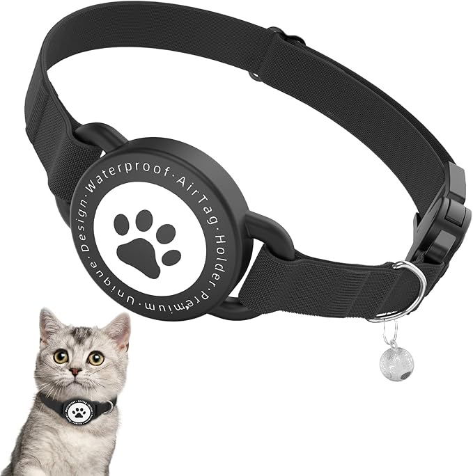 Airtag Cat Collar, Stretchy Kitten Collar with Apple Air Tag Holder, Lightweight and Comfortable, Ultra Elastic GPS Cat Collars for Cats Kittens and Puppies, 8-12.5 Inch, Black