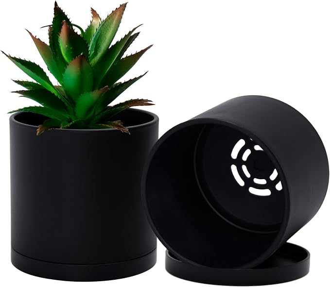 D'vine Dev 2 Pack 4 Inch Modern Plastic Plant Pots, Small Garden Planters for Plant with Drainage Holes and Saucers, Black Color, 74-Y-E-1