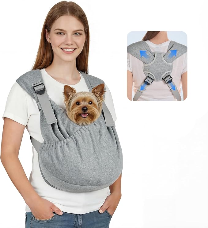Supet Dog Sling Carrier for Pets, Adjustable Hands Free Front Chest Pouch | Reduces Back & Neck Pain Anti-Anxiety Backpack, 62% Cotton Blend Soft Bag, Fit Dogs, Cats, Puppy (Grey Plus 11-18Lbs)