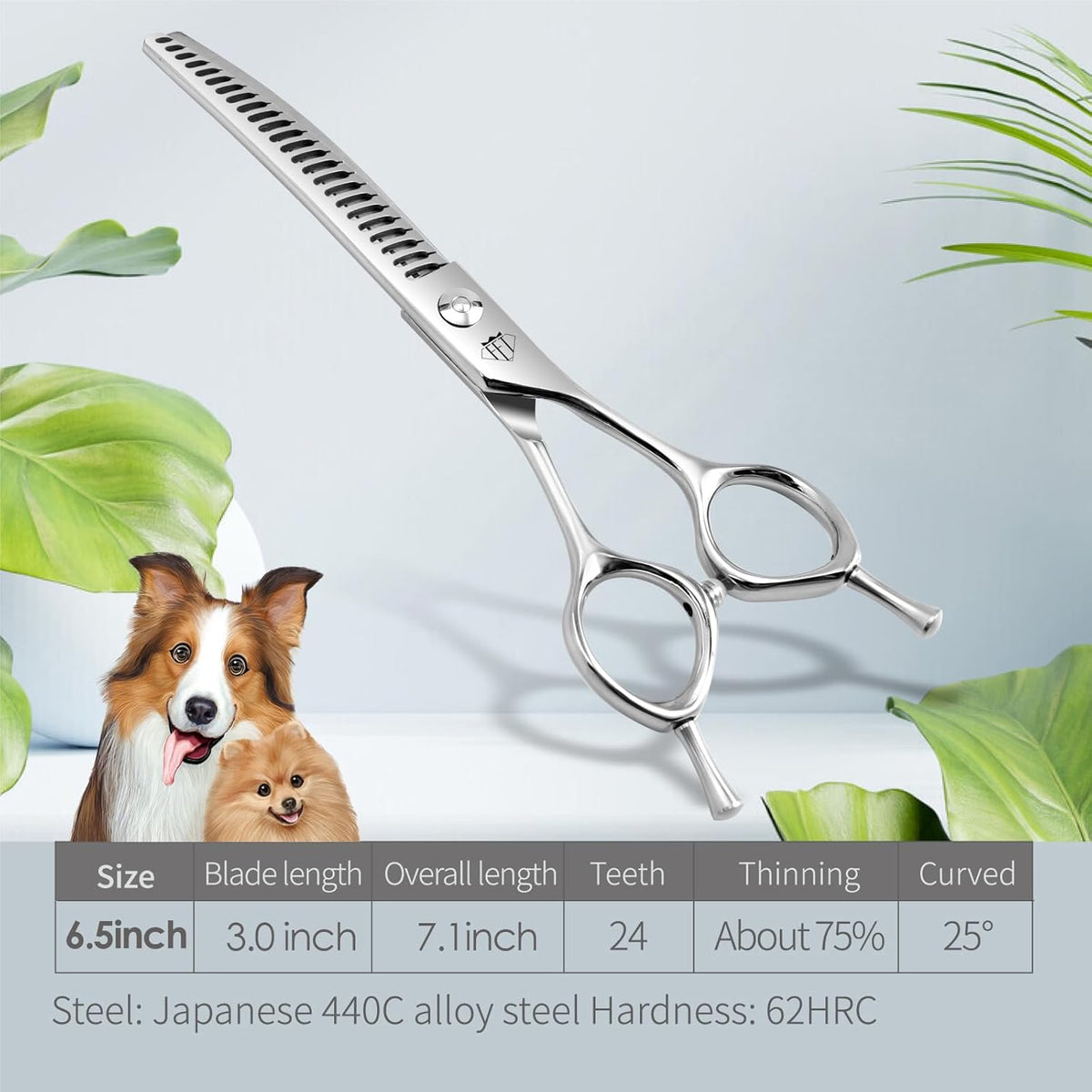 FENICE Professional Pet Grooming Scissors, JP440C Alloy Steel, Curved Chunker with Horseshoe Teeth, 75% Thinning (6.5")