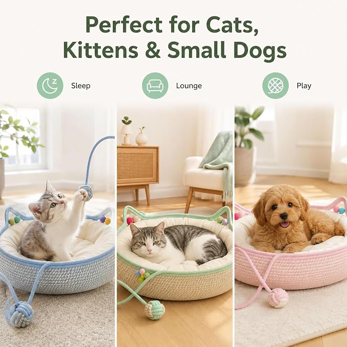 Handwoven Cotton Rope Cat Basket Bed with Hanging Ball Toy (Blue, Medium) | cat bed, woven cat basket, kitten bed, small dog bed, cat toy ball, all season pet bed, washable cat cushion