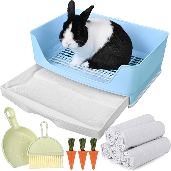 Large Rabbit Litter Box Bunny Litter Box Corner Litter Pan with Drawer Comes with Liners Rabbit Pee Pads, Small Animal Bedding Toilet for Adult Guinea Pig, Ferret, Hamster, Bunnies