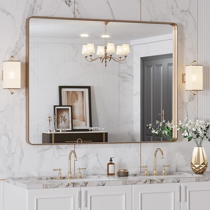 LOAAO 40”X30” Gold Bathroom Mirror, Rounded Rectangle Gold Frame Mirror