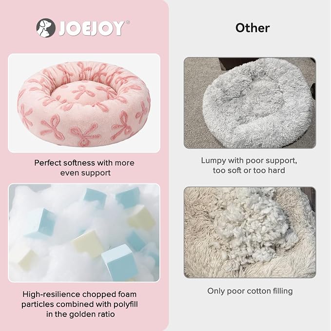 JOEJOY Jacquard Donut Round Dog Beds Large Sized Dog,Pink 36x36x8in, Removable Washable Cover, Cute Pattern, Ultra Soft Fluffy Calming Pet Bed with Thick Supportive Bolster