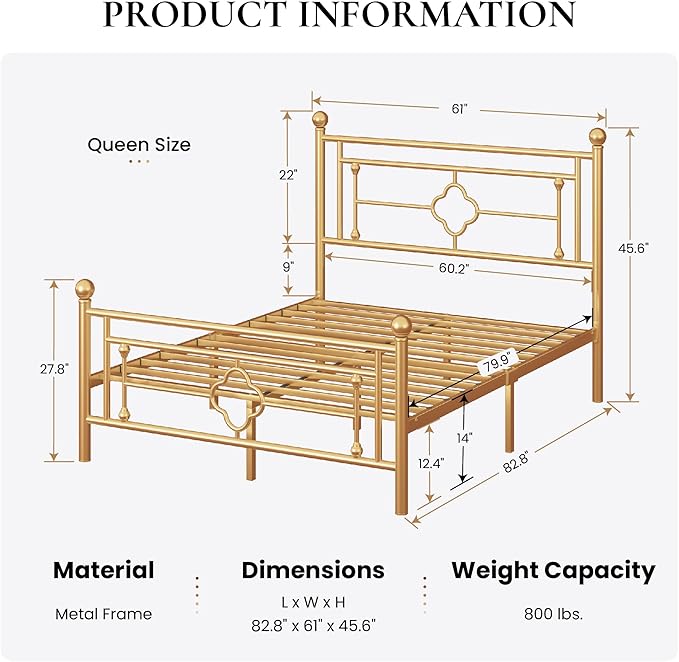 SHA CERLIN 14 Inches Queen Size Metal Platform Bed Frame/Vintage Iron-Art Headboard and Footboard/Mattress Foundation for Storage/No Box Spring Needed/Noise-Free/Easy Assembly/Gold