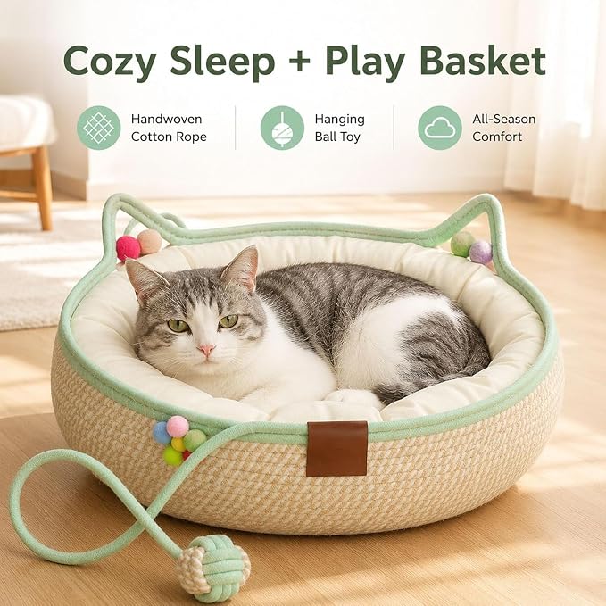 Handwoven Cotton Rope Cat Basket Bed with Hanging Ball Toy (Blue, Large) | cat bed, woven cat basket, kitten bed, small dog bed, cat toy ball, all season pet bed, washable cat cushion