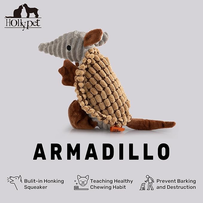 Hollypet Plush Dog Squeaky Toy Stuffed Armadillo Animal Pet Puppy Chew Toys with Clean Teeth for Small Medium Large All Breed Sizes Dogs, Light Brown, 10 in