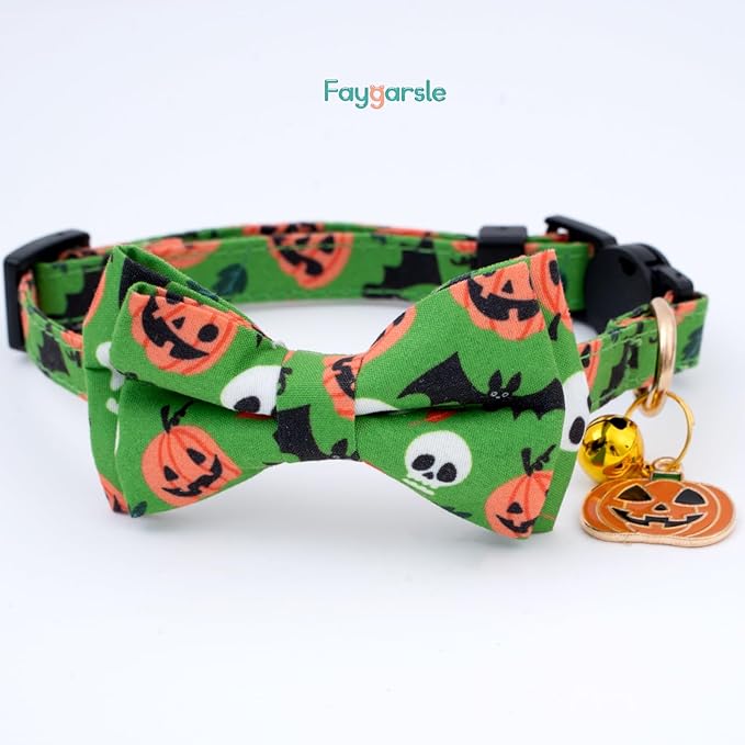 Faygarsle 2 Pack Cute Seasonal Cat Collar for Halloween and Fall Breakaway Collar with Bells Bowtie Cute Patterns for Female and Male Cats Green Purple Cat Collar