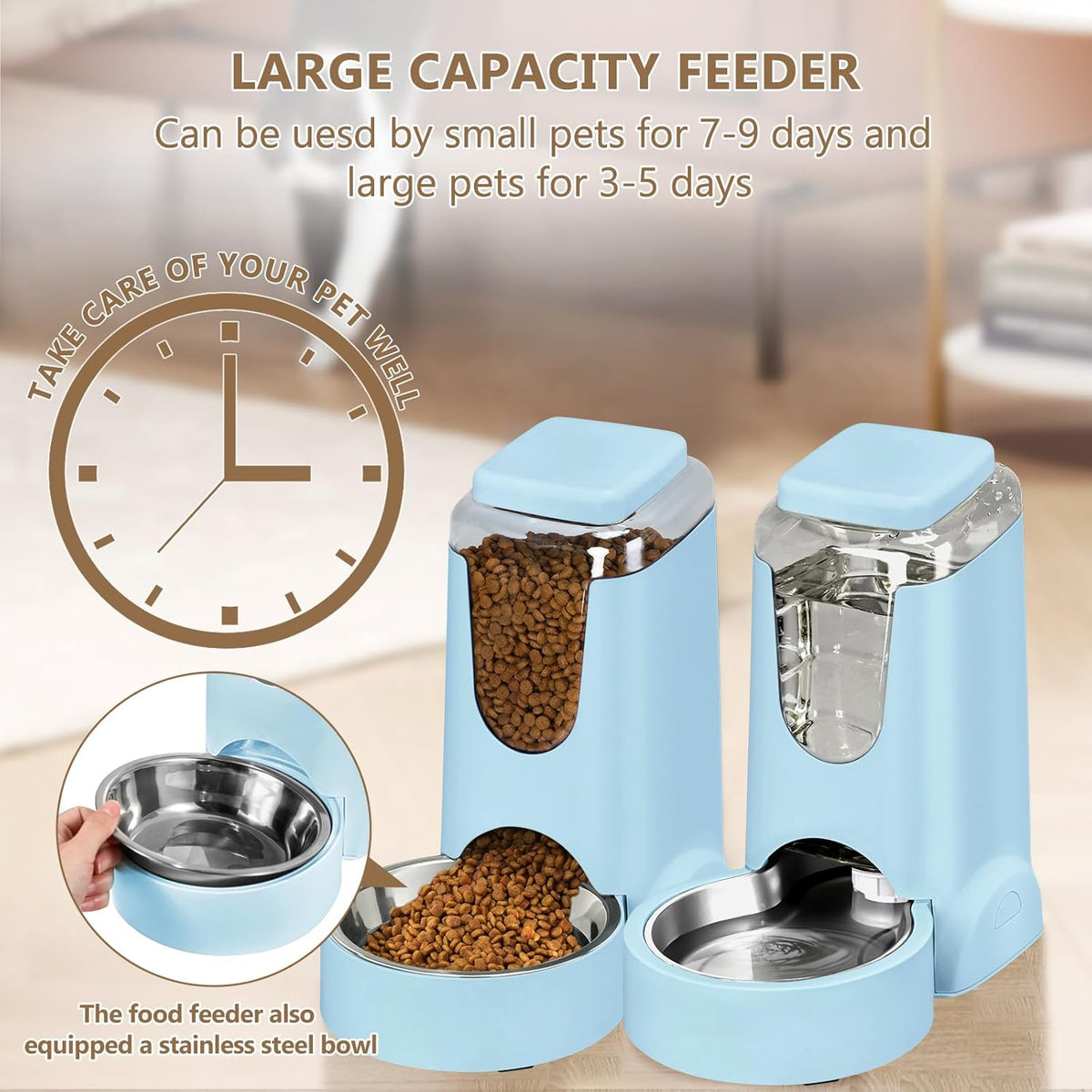 Portable Automatic Cat Feeder and Water Dispenser with Stainless Steel Bowl Dog Gravity Food Feeder and Waterer for Small Medium Pets Puppy Kitten 1 Gallon x 2 (Light Blue（3.8L*2）)