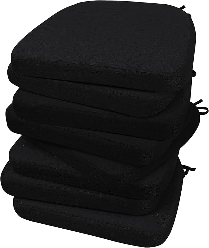 AAAAAcessories D-Shaped Chair Cushions, 2" Thick Dining Chair Pads with Ties and Removable, Machine-Washable Cover, 17" x 16", Set of 8, Black