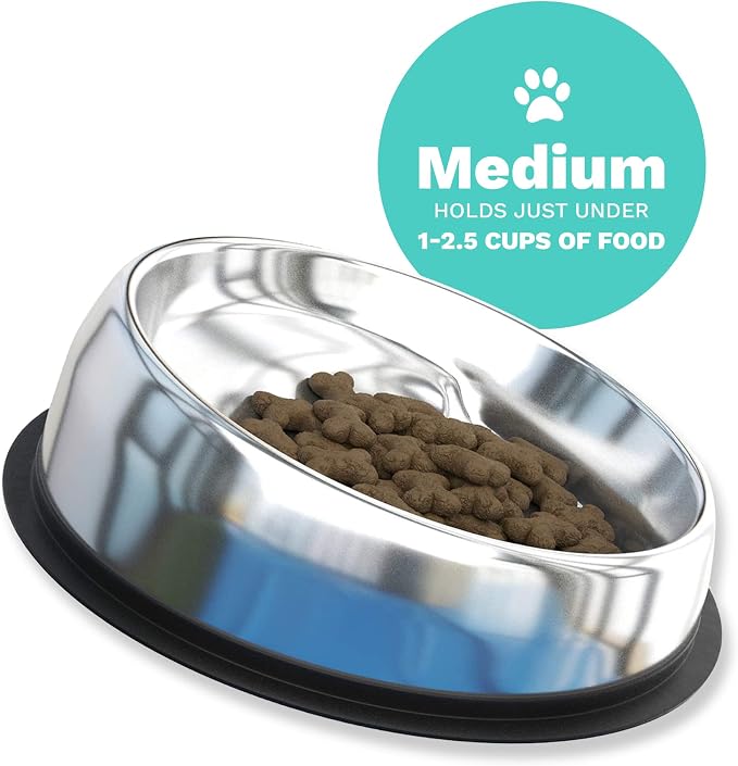 Enhanced Pet Bowl – Slanted Stainless Steel Dog Bowl for Breeds Like Bulldogs, Pugs – Raised Back, No-Spill, Reduces Gas & Mess – Medium Size, Non-Slip, Food-Grade - Does Not Ship from China
