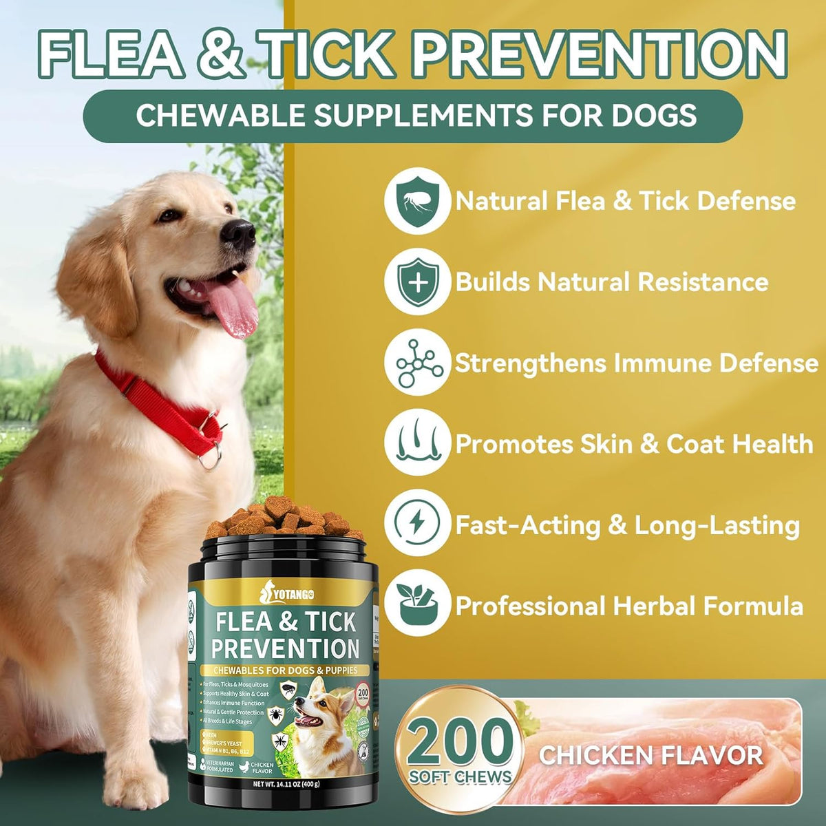 YOTANGO Flea and Tick Prevention for Dogs Chewable, 200 Soft Treats Natural Dog Flea and Tick Treatment Chewable, Oral Flea Supplement Chews, Skin & Coat Support for Dogs Puppies - All Breeds & Ages