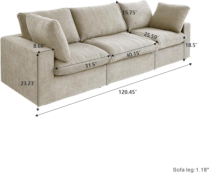 JACH 3-Seater Cloud Modular Sectional Couches, Convertible Couch, Cushion Covers Removable, Cloud Sofa, Sectional Sofas for Living Room Bedroom Apartment, (Khaki)