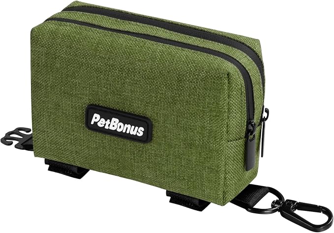PetBonus Dog Poop Bag Holder, Portable Pet Waste Bag Dispenser, 2 Pouches for Treats and Walking Accessories, Fit All Leashes, Includes 1 Roll of Dog Poop Bags (Army Green)