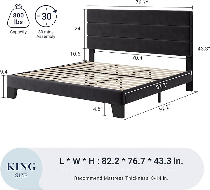 Allewie King Size Platform Bed Frame with Velvet Upholstered Headboard and Wooden Slats Support, Fully Upholstered Mattress Foundation/No Box Spring Needed/Easy Assembly, Black