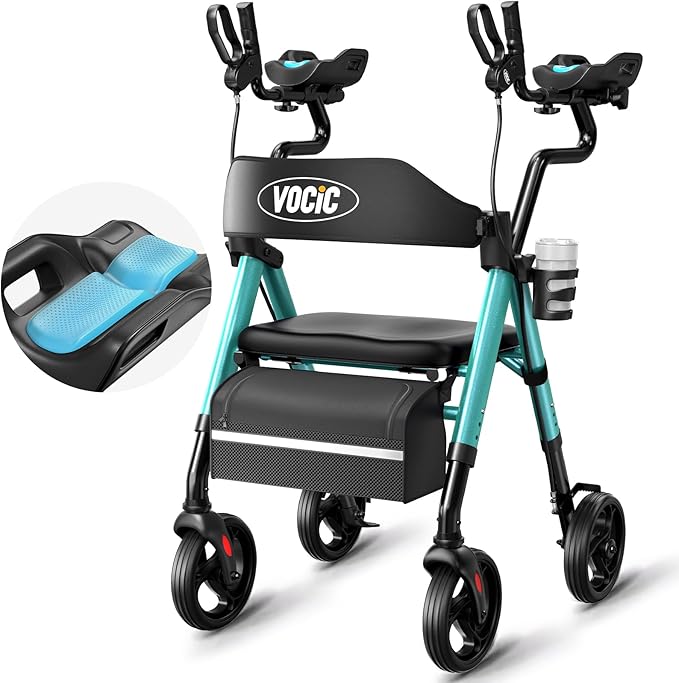 VOCIC Walkers for Seniors, Upright Walker with Adjustable Armrests, Z22 GelCool Stand Up Walker with Ergo Seat & Backrest, 8" All Terrain Rollator with 300lb,Cup& Cane Holder