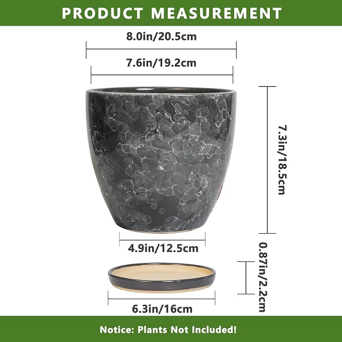 Ceraimc Planter - 8 Inch Plant Pot for Indoor Outdoor Plants, Decorative Round Planters, Flower Pot with Drainage and Saucer, Garden Porch House Room Decor, Plant Lover Gifts, Grey