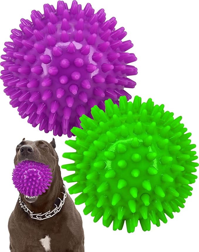 4.5” Heavy Duty Squeaky Dog Balls for Medium Large Dogs, Dog Toys for Aggressive Chewers, Spike Ball Toys for Clean Teeth and Training(2 Pack) (4.5" Purple and Green)