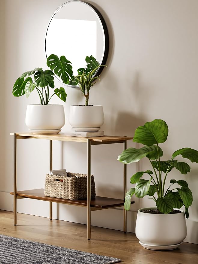 LE TAUCI Ceramic Planter, 10 Inch Plant Pot with Drainage Hole & Saucer – Durable Indoor Planter for Modern Home Decor, White