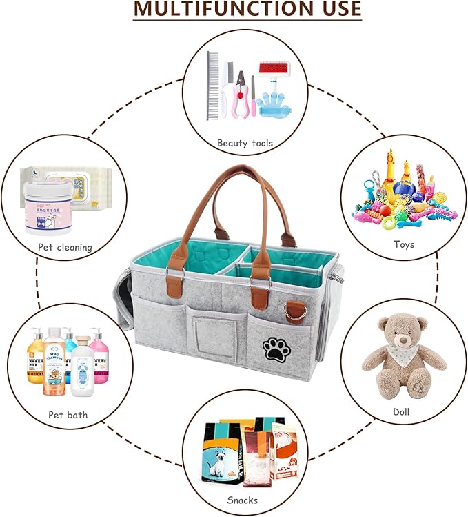 Felt Dog Grooming Bag,Portable Tote Bag for Dog and Cat,Puppy Storage Organizer for Grooming Tool Kit,3 Compartments Pet Stuff Oganizer with 8 Pockets