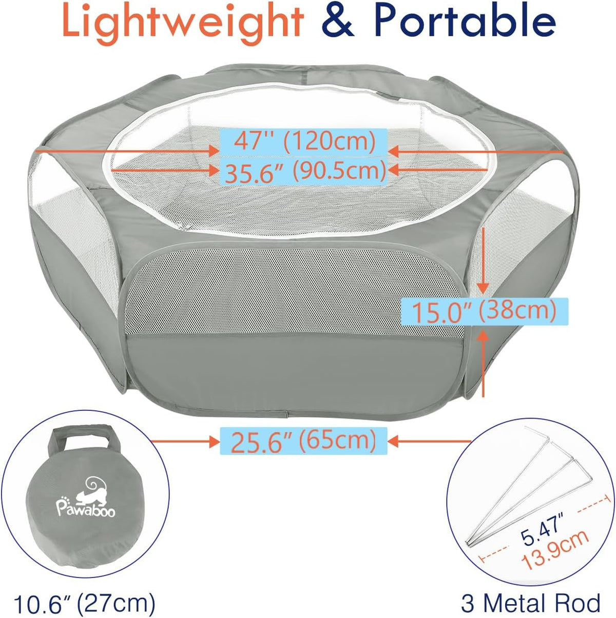 Pawaboo Small Animals Playpen, Waterproof Small Pet Cage Tent with Zippered Cover, Portable Outdoor Yard Fence with 3 Metal Rod for Chick/Kitten/Puppy/Guinea Pig/Rabbits/Hamster/Chinchillas,Light Gray