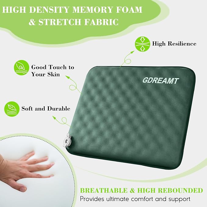 GDREAMT Inflatable Seat Cushion, Self-Inflating Memory Foam Stadium Seats Cushion Lightweight & Compact Chair Sitting Pad Airplane Cushion for Long Flight Travel Outdoor Camping Car Bleachers Office