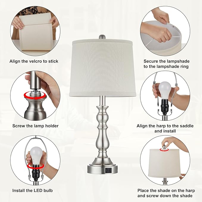 Farmhouse Side Table Lamps for Living Room Set of 2 with USB C+A Ports, Bedside Lamp for Bedroom, Dining Room Decor, Office, End Table, Knob Switch, 3 Color Temperatures, Bulb Included, Silver
