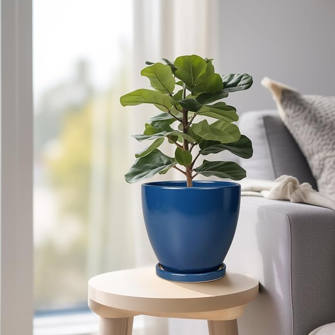 6.8 Inch Plant Pot - Ceramic Planter with Drainage Hole and Saucer, Modern Round Flower Pot, Planters for Indoor Plants, Home Garden Decor, Blue