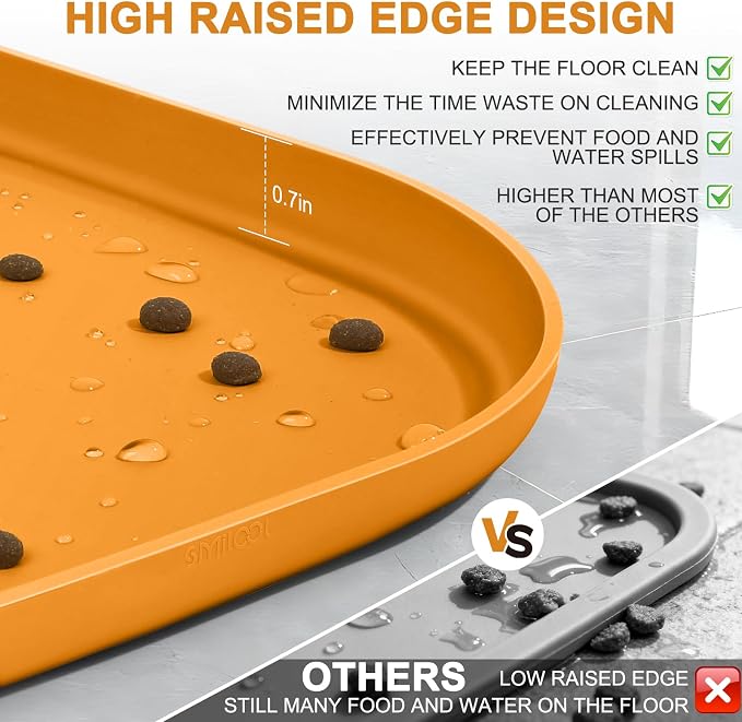 SMILOOL Waterproof Silicone Pet Food Mat with Raised Edge for Dog & Cat | 12" x 12" Non-Slip Small Pet Feeding Mats with Lip for Food & Water Bowl, Food Grade, Easy Cleaning, Orange