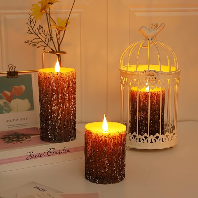 Flameless Candles Battery Operated Pillar Pine Effect Real Wax Flickering 3D