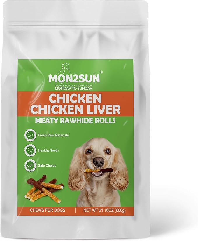 MON2SUN Dog Treats 5 Inch Double Flavor Chicken & Chicken Liver Wrapped Rawhide Sticks, Teeth Cleaning for Small Dogs, 21.16 oz (30 Count)