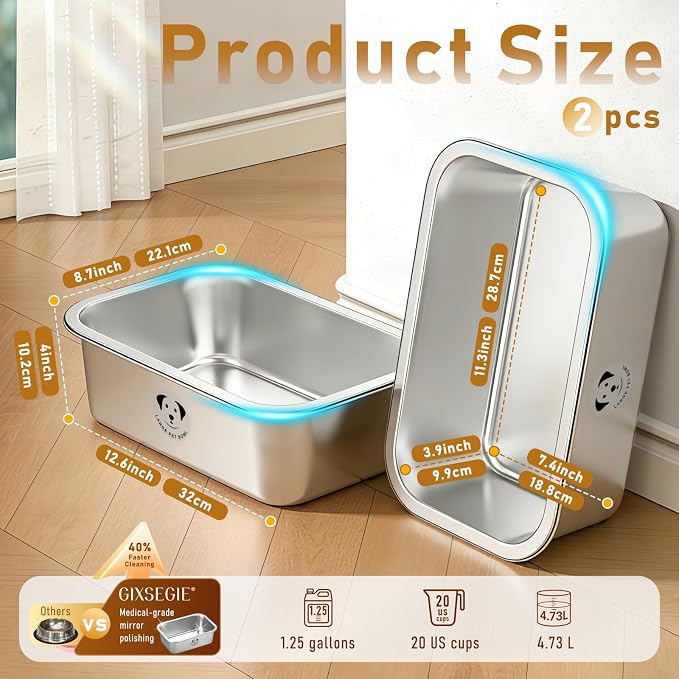2-Pack Stainless Steel Large Dog Water Bowl, Spill-Proof Metal Dog Food Bowls, Easy Clean Outdoor Dog Water Bowl for Medium Large Dogs, X-Large & Cats 1.25 Gallons