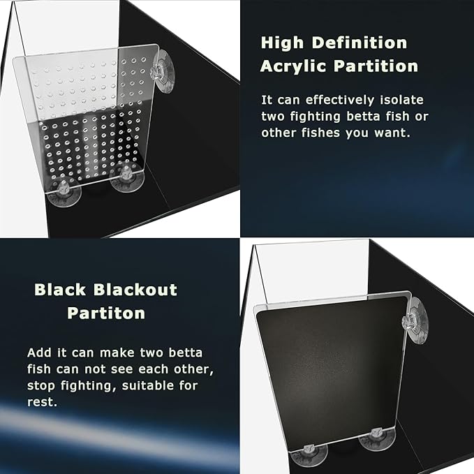 3 Gallon 12.6” L Fish Nano Glass Aquarium, with Separator Plate for Betta, Multi-Functional Square Fish Tank with Filter, LED Light, Black 4mm Glass