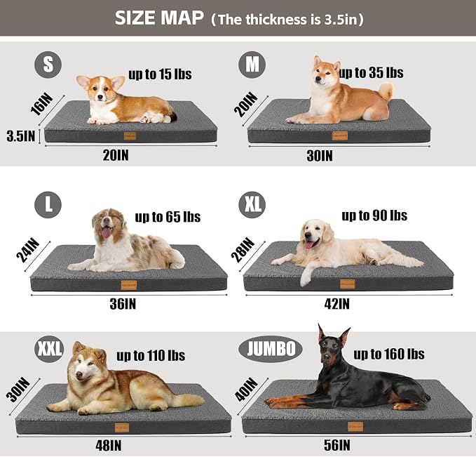 Patas Lague Orthopedic Large Dog Bed Pet Sofa Mat 56''X40'' Dark Grey | Egg-Crate Foam Dog Couch For Large Sized Dogs, Waterproof Removable Washable Cover, Soft Pet Crate Bed With Nonskid Bottom
