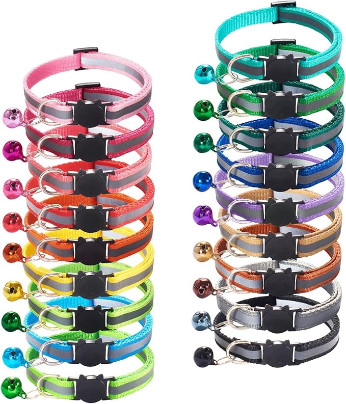 18Pcs Reflective Cat ID Collars with Bell Adjustable 19-32cm, Soft Nylon Adjustable Breakaway Identification Collars for Puppy Kittens