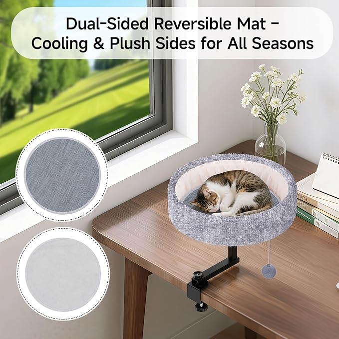 Cat Desk Bed with Heating Pad - 360° Rotating & Adjustable, Supports 44 lbs, Soft Faux Fur with Dual-sided Reversible Mat, Indoor Cat Nest Furniture for Office Desks and Game Tables, Island Table
