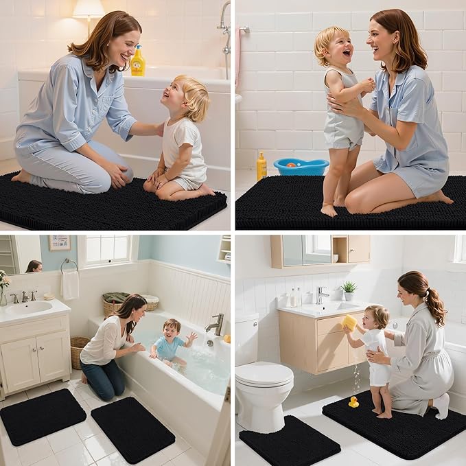 Arotive Bathroom Rugs 34x21, Extra Soft Absorbent Shaggy Chenille Bath Rugs, Machine Washable Rubber Backing Non-Slip Bath Mats for Bathroom Floor Tub and Shower, Home Decor Accessories, Black
